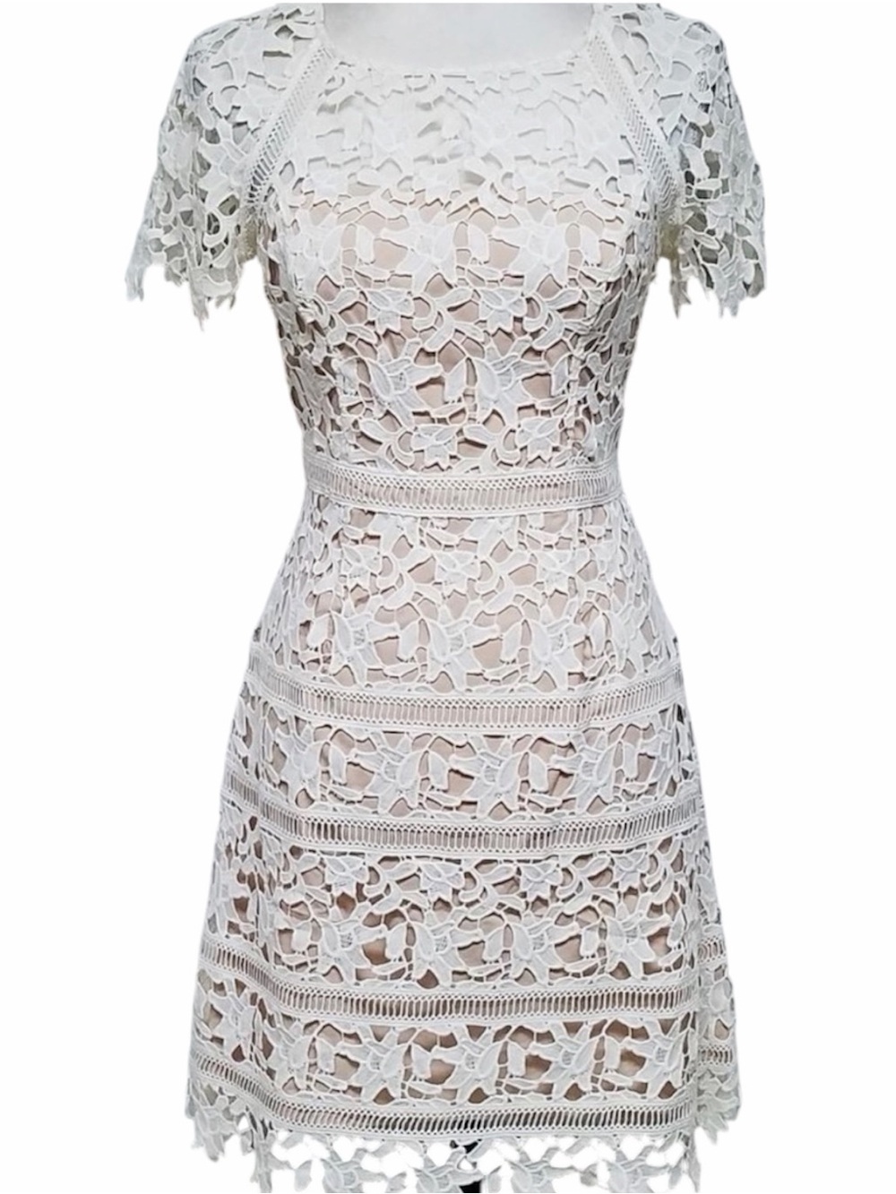 Eliza J Floral Guipure-Lace Dress Raglan Sleeve Mini Length Sheath Cream Sz 12P